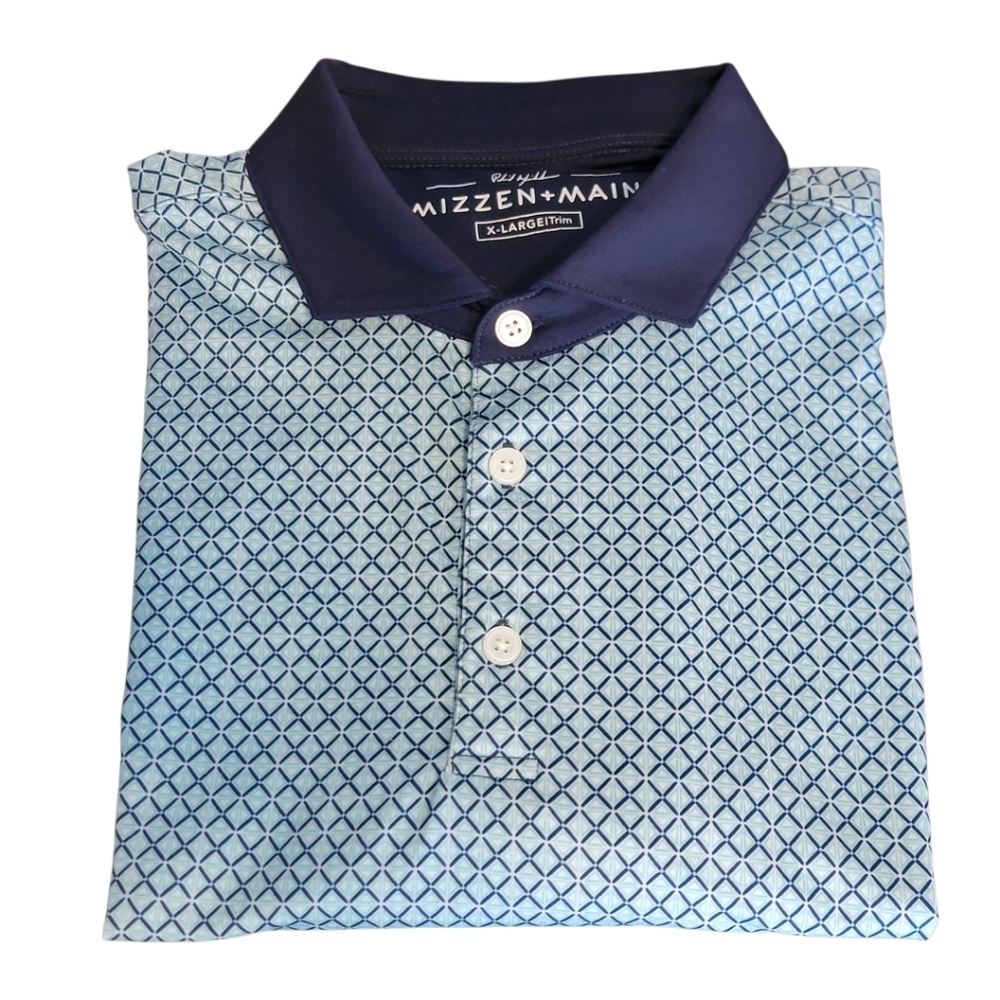 Mizzen+Main Polo Shirt Mens Blue Geometric XL Trim Fit Performance Golf Shirt